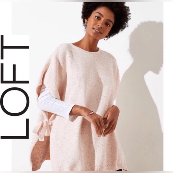 LOFT Pink Speckled Cotton Knit Poncho with Bow Accents Size M/L New with Tags - Picture 1 of 7